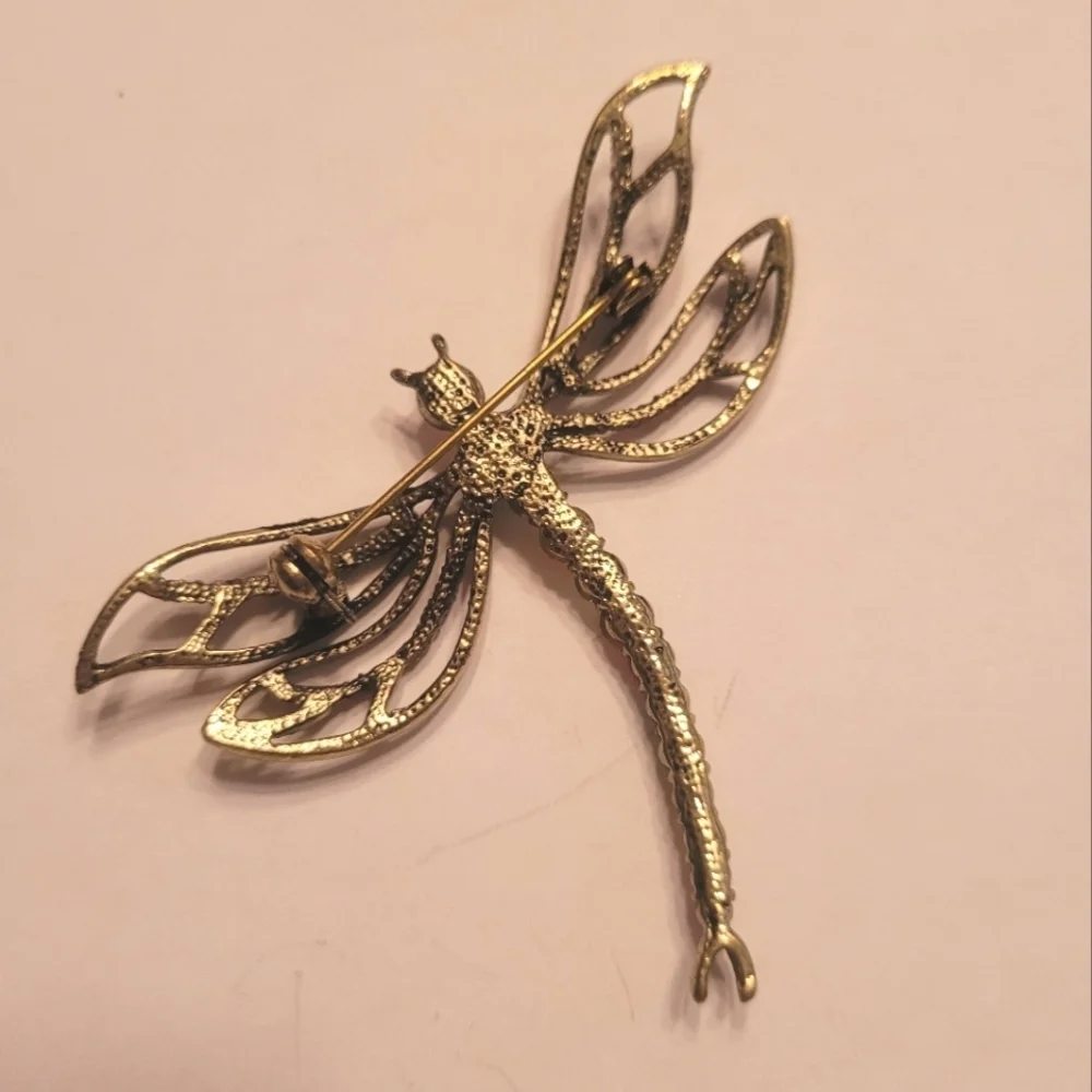 Vintage Dragonfly‎ Brooch Rainbow Rhinestone Antique Bronze Tone Pin